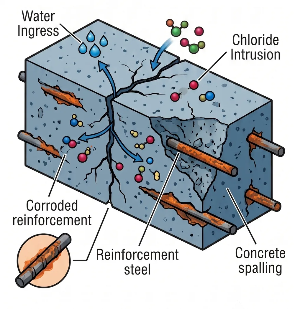 Cracked concrete with corroding reinforcement, water ingress and chloride intrusion