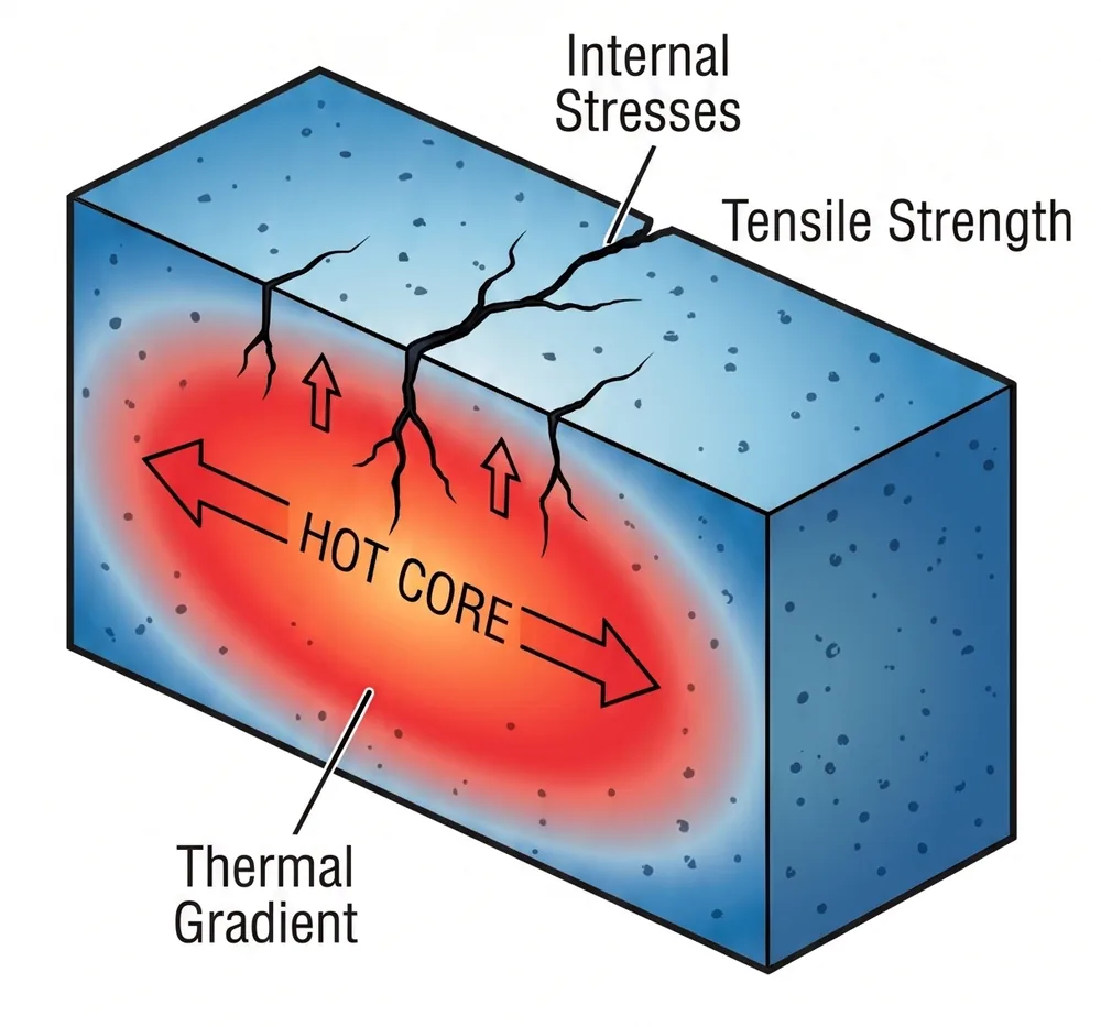 Concrete block with a hot core and thermal gradient toward the surface